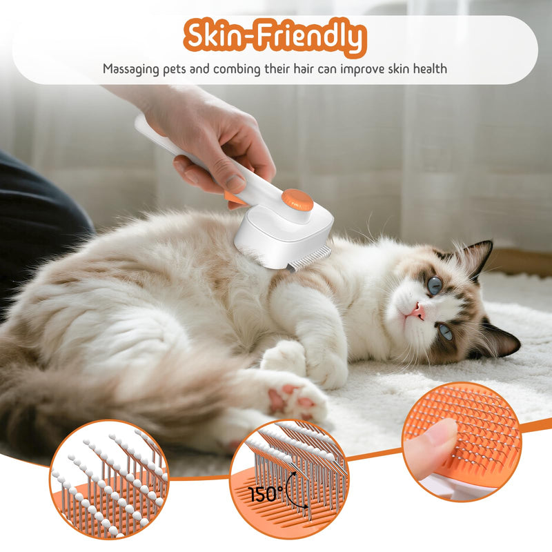 Self Cleaning Slicker Brush, 2-in-1 Cat Brush for Shedding, Skin Friendly Grooming Tool for Long & Medium-Long Hair Pets, Adjustable Bristle Length with Dematting Comb for Cats, Dogs (Orange) Orange - PawsPlanet Australia