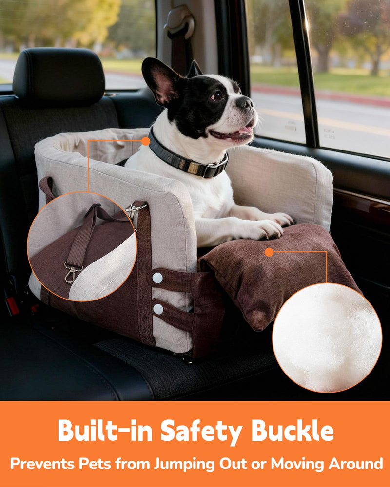 JZXOIVA Console Dog Car Seat & Travel Bed for Small/Medium Dogs, Booster Dog Car Seat with Safety Tether, Non-Slip Base, Washable Cover, Front or Back Seat Pet Carrier Bed, Brown - PawsPlanet Australia