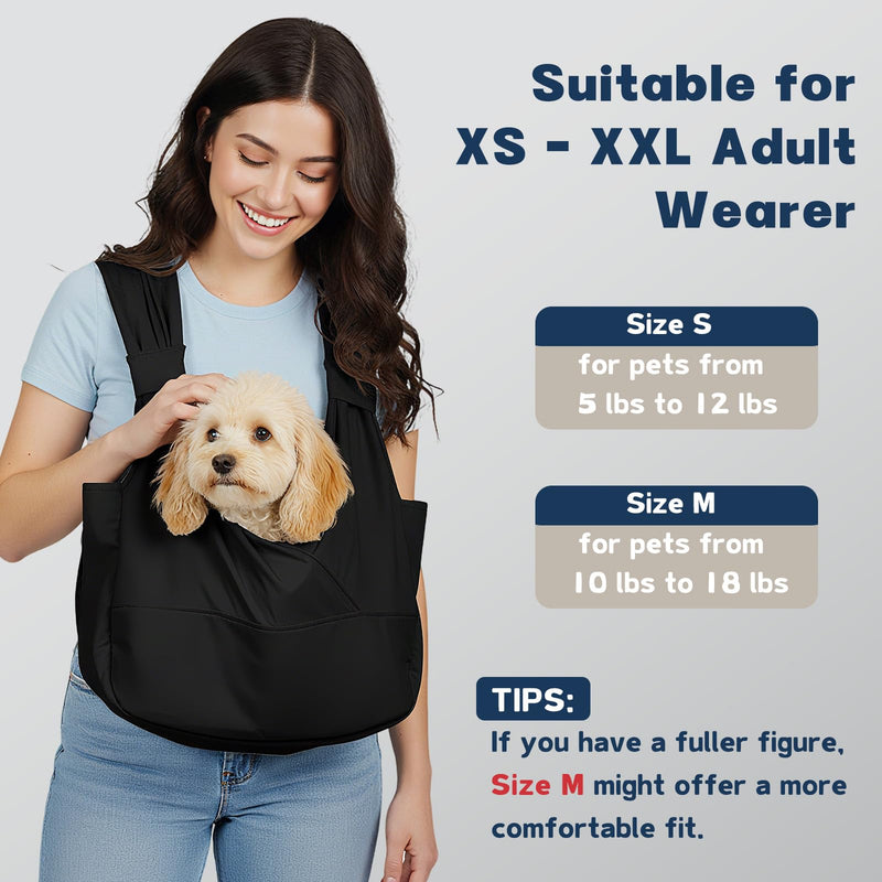 Dog Sling Carrier for Small Dogs with Bottom Support, Adjustable Pet Front Dog Carrier-Padded Straps Reducing Back Neck Pain, Anti-Anxiety Backpack for Travel Hiking Camping, Hands Free (Black,S) Black - PawsPlanet Australia