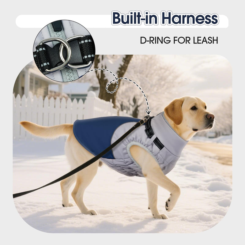 DENTRUN Dog Coat with Harness Built in, Easy On/Off Zipper Closure Winter Dog Vest, Water-Repellent Fleece Lined Warm Jacket with Reflective for Small Dogs, Dark Blue, S Gray-Blue - PawsPlanet Australia