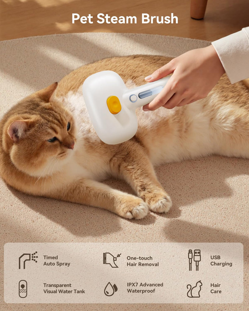 ROJECO 3-in-1 Pet Steam Brush for Cats&Dogs-Pet Spray Hair Removal Detangling Comb with Adjustable Mist,Handheld Deshedding Grooming Tool for Long/Short Hair,Massage Brush & Shedding Control,Cordless White - PawsPlanet Australia