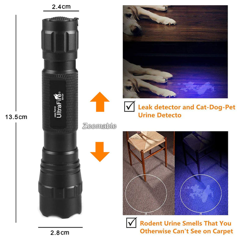 Black Light UV Flashlight,UltraFire LED 395nm Ultraviolet Blacklight Flashlight,Adjustable Focus Mini UV Flashlight Pet Urine Detector for Resin Curing, Dry Stain, Scorpion and Bed Bug UV Torch - PawsPlanet Australia