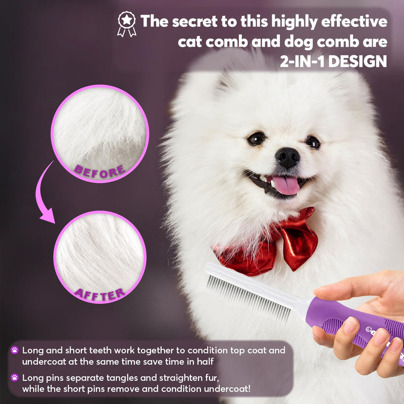 Grooming Comb for Dogs and Cats with Matted Hair, Detangling Pet Comb with Long and Short Stainless Steel Metal Fine Teeth for Removing Mats, Tangles, Knots & Loose Fur from The Undercoat Purple