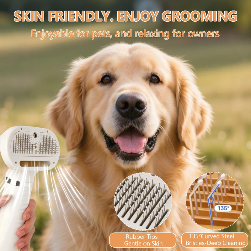 6 in 1 Dog Cat Steam Brush with Dryer - Pet Grooming Spray Brush for Shedding, Drying, Massaging, Deodorizing, Self-Cleaning - Includes Leave-In Pet Hair Care Solution - Easy to Use & Store Hide translation - PawsPlanet Australia