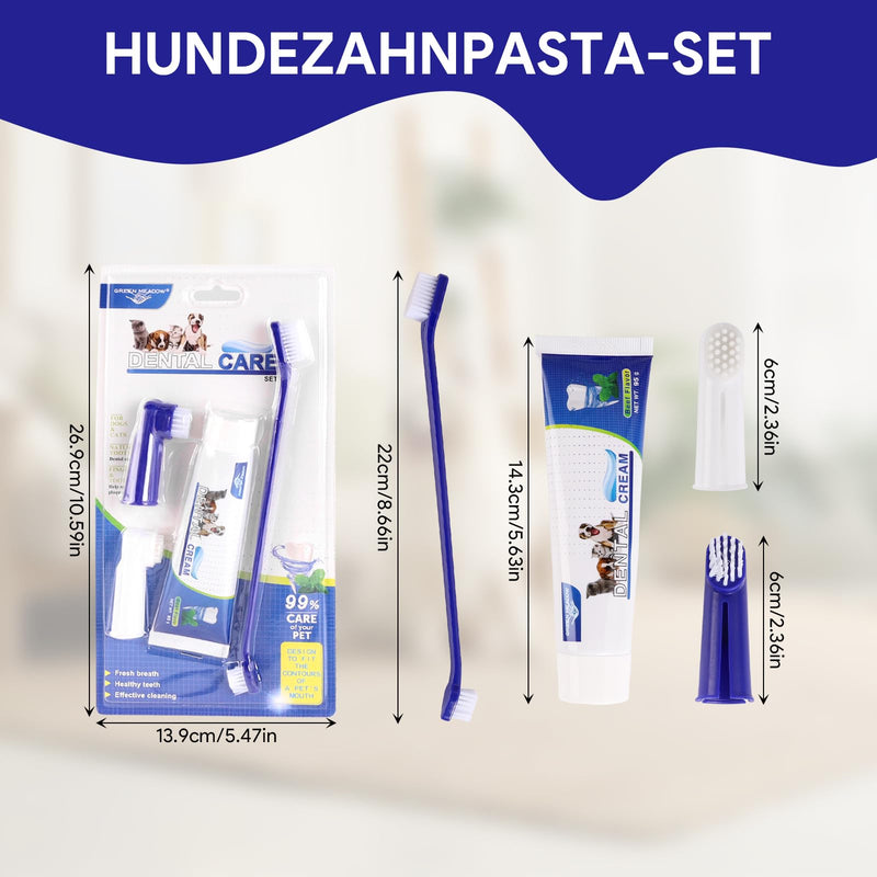 Dog Dental Care Set, Dog Toothpaste Against Tartar and Dog Toothbrush Finger Toothbrush Set, Dog Toothbrush, Dental Care for Dogs and Cats, Removes Plaque and Bad Breath (Blue) Set 2
