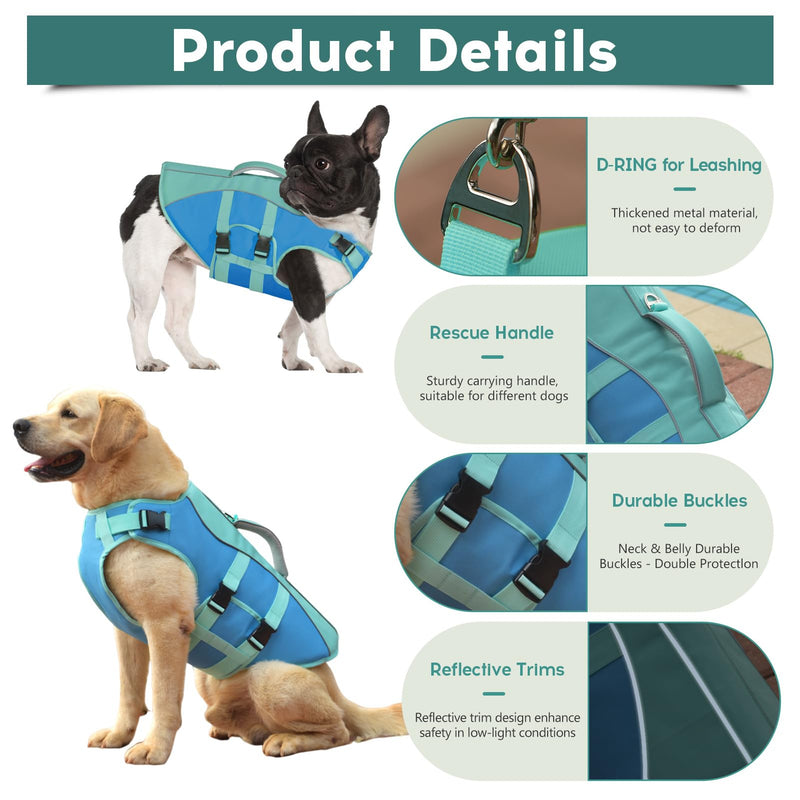 Dog Life Jacket Small, Reflective Dog Life Vest for Swimming Boating, Dog Swim Vest with Superior Buoyancy & Rescue Handle, Adjustable Dog lifejacket for Small Dogs (Blue,XS) X-Small (Chest Girth:11.8-16.5'') Turquoise & Blue - PawsPlanet Australia