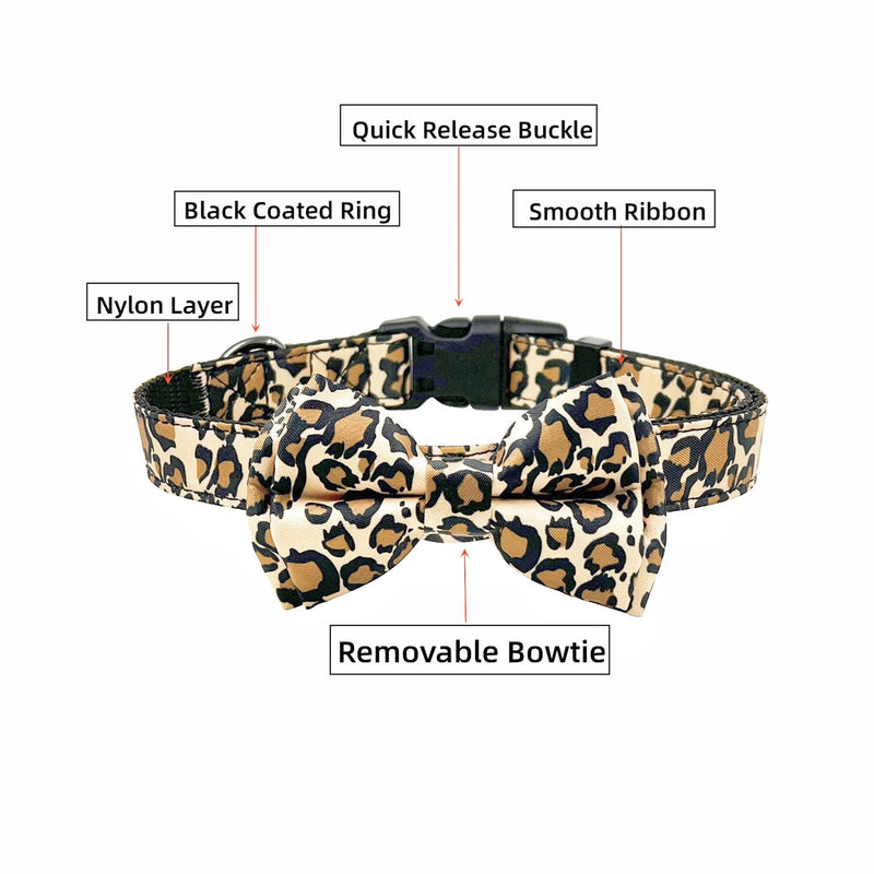 Bowtie Dog Collar and Leash Set, Nylon Webbing with Leopard Ribbon, 5ft Matching Leash, for Small Dogs.(S, Leopard) - PawsPlanet Australia