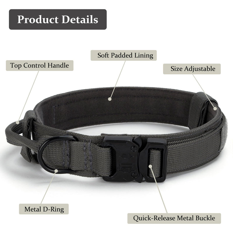 Tactical Dog Collar, Adjustable Military Training Nylon Dog Collar with Control Handle and Heavy Quick-Release Metal Buckle for Small Medium Large Dogs, Grey XL XLarge :Width 1.5",Neck 20-24" - PawsPlanet Australia