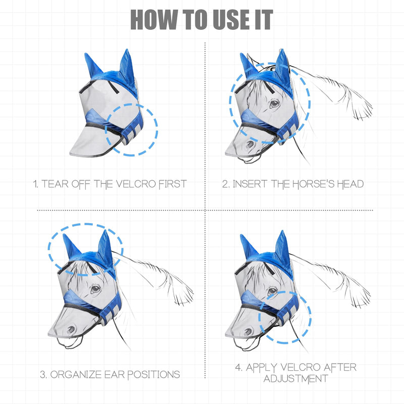 Horse Fly Mask,Horse Fly Mask with Nose,Masks for Horses with Ears,Ear Bonnet for Horses,Donkey Mask Fabric with Purple Line Protection Soft Mesh for Horse Summer (Blue, S) Blue