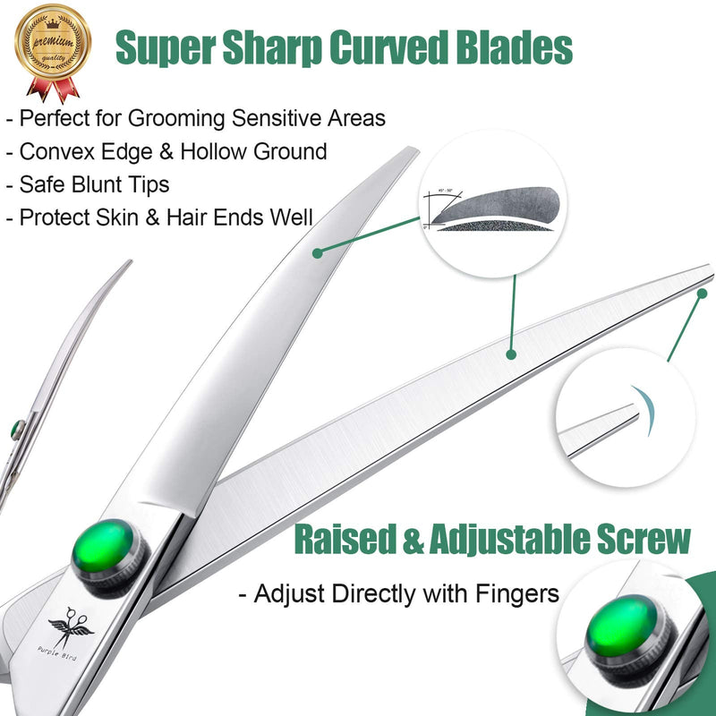 PURPLEBIRD 7 Inch Downward Curved Dog Grooming Scissors Professional Pet Cutting Shears Safety Noiseless Blunt Tip Trimming Shearing for Dogs Cats Japanese Stainless Steel Silver - PawsPlanet Australia