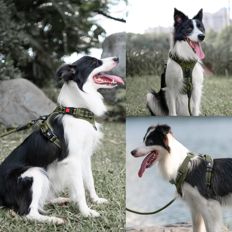 PoyPet No Pull Dog Harness and 5 Feet Leash Set, Release on Neck Reflective Adjustable Pet Vest, Front & Back 2 D-Ring and Soft Padded Pet Harness with Handle for Small to Large Dogs(Military Green,L) L Military Green - PawsPlanet Australia