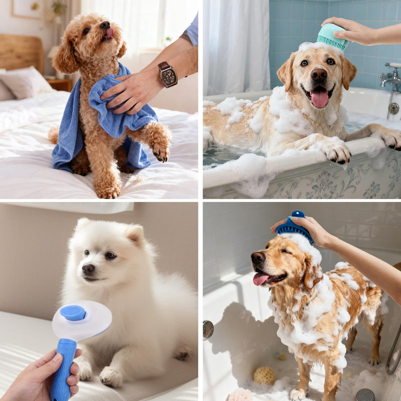 PAWCHIE Bath Grooming Kit for Pets, 9 PCS Hair Brush Set with Towel,Washing Gloves,Bath Brush and Adjustable Handle Shampoo Brush & Scrubber for Short Long Haired Dogs and Cats,Dog Bath Supplies,Blue - PawsPlanet Australia