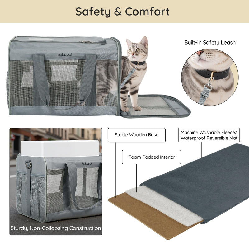 BELLA & PAL Cat Carrier Travel Bag, Airline Approved Lightweight Cat Carrier, Soft Sided Pet Carrier for Puppy Dogs Up to 18lbs, Collapsible Kitten Bag with Removable Waterproof Mat, Ventilated Mesh 16.5"L x 11"W x 11"H Grey - PawsPlanet Australia