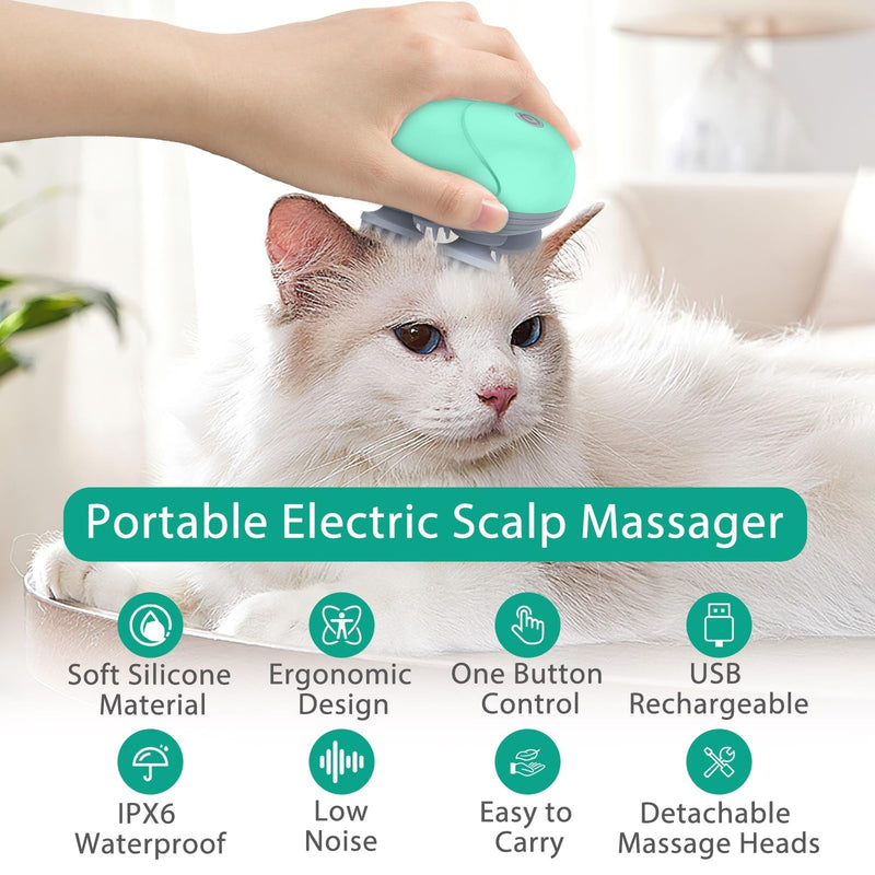 ORIA Electric Pet Massager, Handheld Dog and Cat Massage, Waterproof Pet Bath Brush, Electric Head Massager, with 3 Modes, 4 Detachable Heads, 96 Massage Nodes, for Stress Release, Body Relaxation Green - PawsPlanet Australia