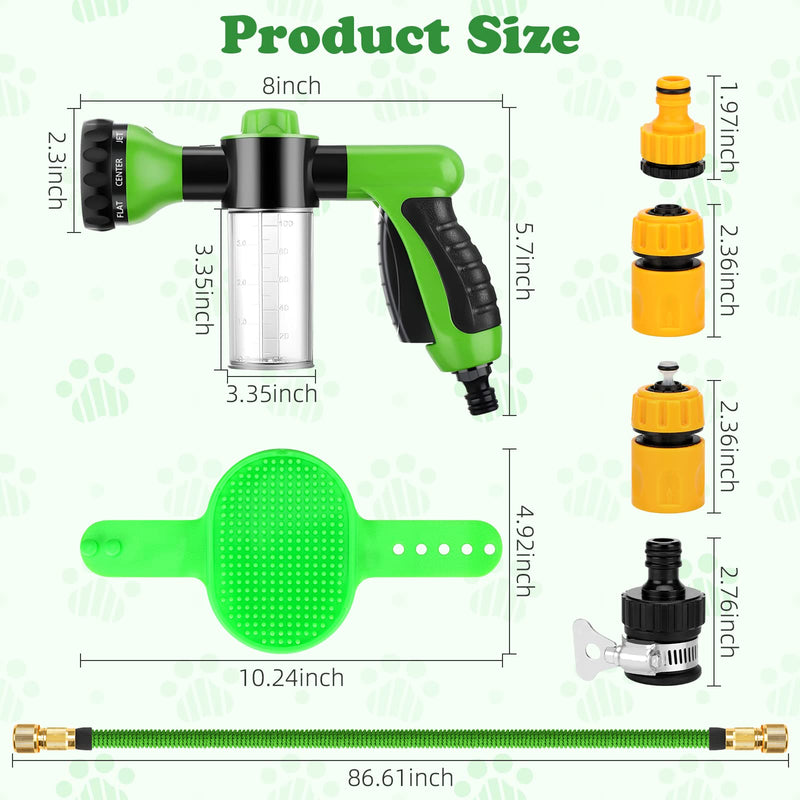 Pup Jet Dog Wash 7 Pieces Pet Bathing Tool Set Include Expandable Hose Spray Nozzle Livestock Foamer Soap Dispenser with Connectors Dog Bathing Sprayer for Pets Showering Green