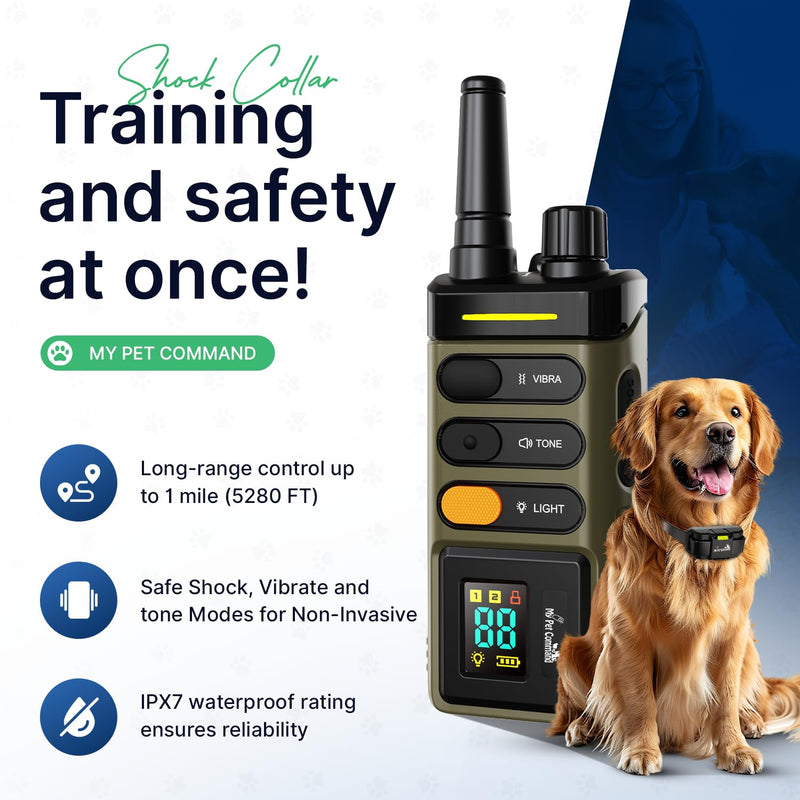 My Pet Command Long Range Dog Training Collar with Remote 1 Mile/5280 Ft Safe Shock, Vibrate, Tone, Flashing Beacon Lights, Rechargeable Waterproof Collar device, add up to 2 Collars. Xtra Remote only Extra Remote Only - PawsPlanet Australia