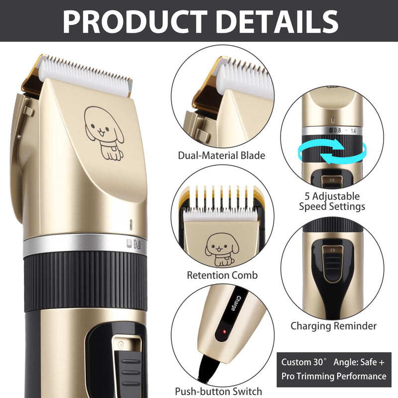 Dog Clippers Pet Hairs Grooming Kit for Thick Hair Professional Rechargeable Low Noise Cordless Shaver Trimmer Pet Grooming Clipper Set with 4 Guide Combs and Cleaning Brush for Dogs Cats Rabbits