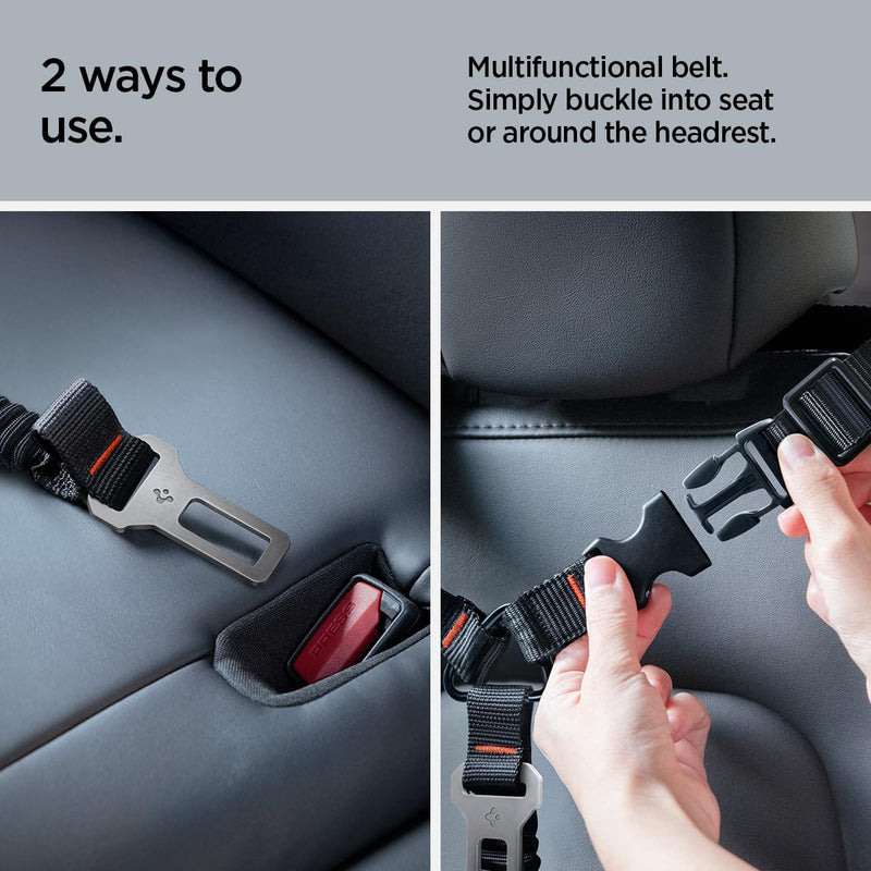 Spigen 2 in 1 Car Seat Belt Tether for Dogs (Headrest & Seatbelt Buckle) | High-Strength Heavy-Duty Strap | Adjustable Anti-Shock Bungee Leash Black for all pets - PawsPlanet Australia