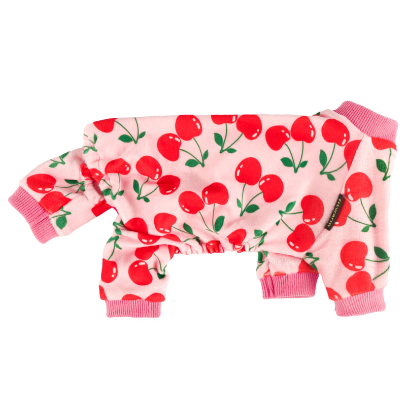 Fitwarm Cute Cherry Dog Pajamas, Warm Dog Onesie with Feet, Dog Clothes for Small Dogs Girl, Fleece Pet Outfit, Pink, Red, Medium