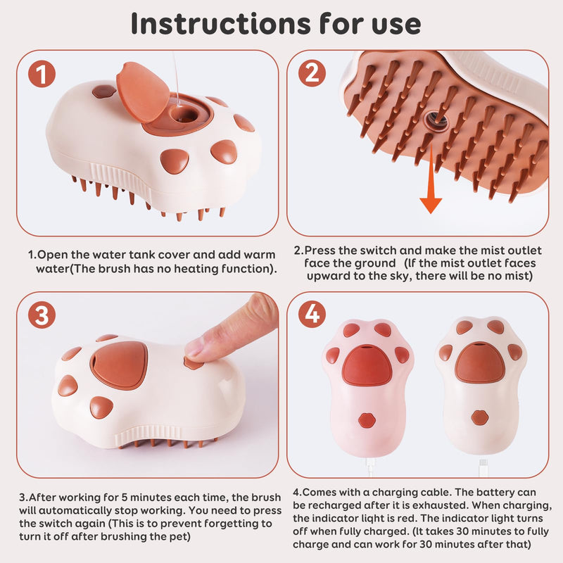 Cat Steam Brush - Self Cleaning Steamy Cat Brush for Massage, Cat Brushes for Indoor Cats, Steamy Cat Brush for Shedding, Steam Pet Brush for Removing Tangled and Loosse Hair Cat Paw Model brown - PawsPlanet Australia