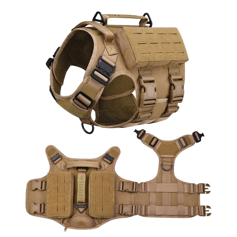 AIWAI Tactical Dog Harness with Handle for Large Dogs,2X Metal Buckle, Dog MOLLE Vest with Pockets,No Pull Adjustable Pet Harness, Easy Control Dog Vest Harness for Working Training (Khaki, XL) Khaki - PawsPlanet Australia