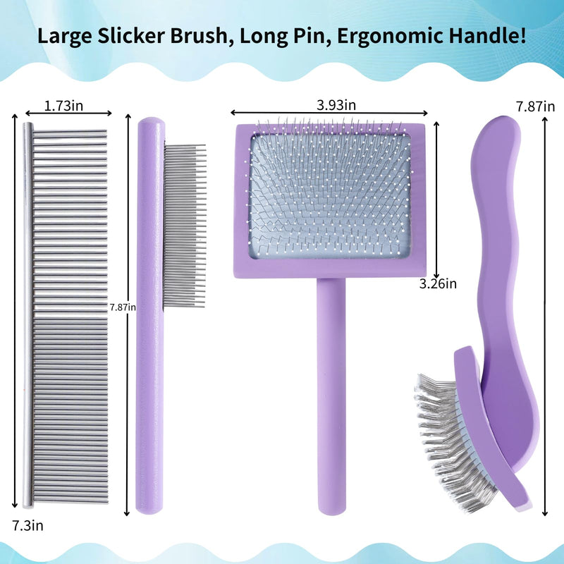 Gently Grooming Slicker Brush with Coated Tips for Long-Haired Dogs-Ergonomic Wooden Handle, Long Pins for Grooming Goldendoodles Poodles Purple
