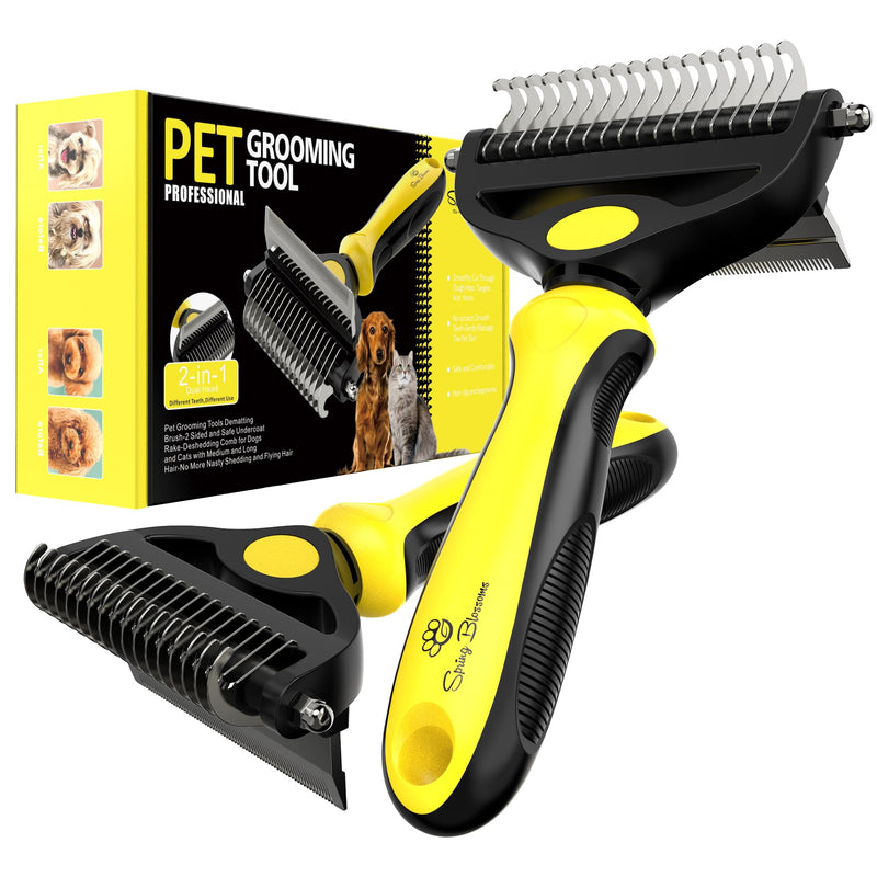 Spring Blossoms-2 in 1 Professional Grooming Rake for Cats & Dogs-Dematting Comb for Easy Mats & Tangles Removing,Pet Brush Safe No More Nasty Shedding and Flying Hair (Lemon Yellow) Lemon Yellow