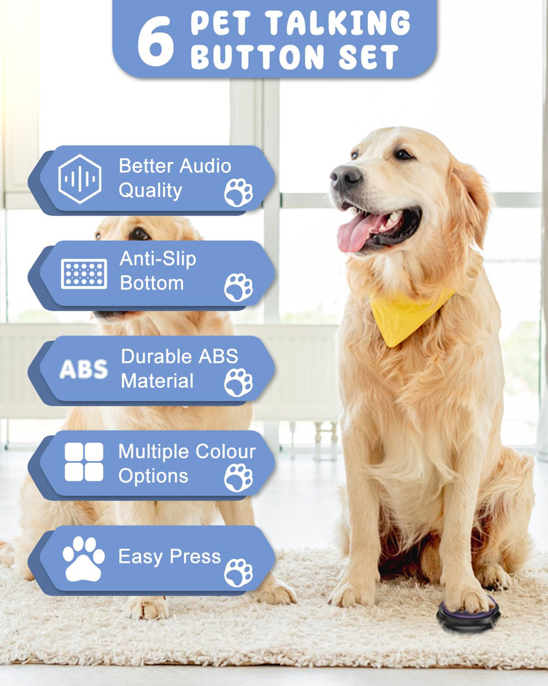 Dog Buttons for Communication, 6 Pcs Dog Talking Button Set, 30s Voice Recordable Pet Training Buzzer, Speaking Buttons for Cats & Dogs with Waterproof Dog Activity Mat and 24 Scene Stickers 6 Pack - PawsPlanet Australia