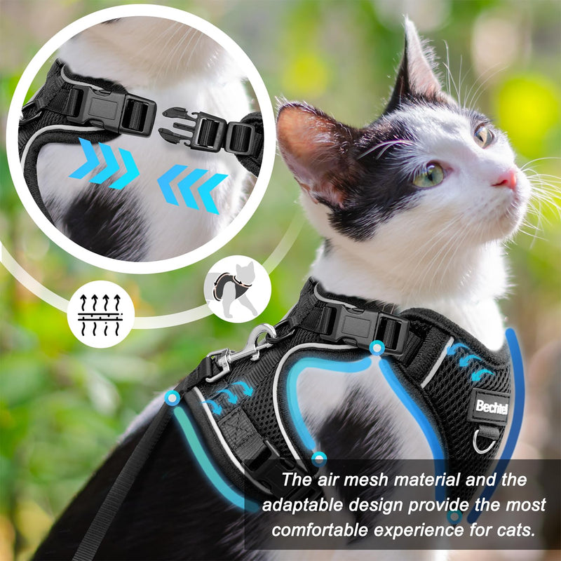 Cat Harness, Cat Harness and Leash for Walking, Adjusted in Four Directions and Breathable Cat Harness for Anti Escape That can be Fitted and Positioned, Reflective Strips Harness, Black, S Small (7-12lb) - PawsPlanet Australia