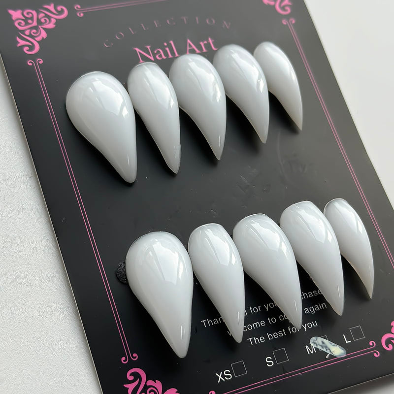 Luxury Press on Nails Medium Stiletto Handmade Eagle Claw Unique Reusable ABS Material White Fake Nails Cat Claw False Nails with Solid Colour Designs Glossy Glue on Nail Curved Thick Acrylic Nail(M) N41 M - PawsPlanet Australia
