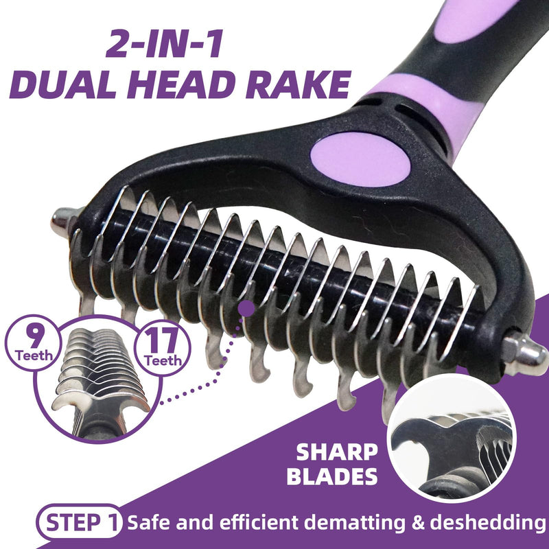 Dog Brush for Shedding, 7 PCS Dog Grooming Brush Kit Including Undercoat Rake, Slicker Brush, Dematting Comb, Nail Clipper, Bath Brush for Long & Short Haired Dogs, Cats - Purple A-Purple