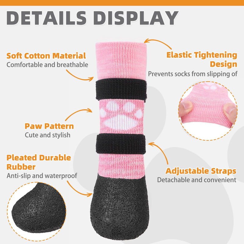 KOOLTAIL Anti Slip Dog Socks to Prevent Licking Paws for Hot/Clod Pavement,Waterproof Long Snow Dog Boots&Paw Protectors with Straps Traction Control for Hardwood Floor for Small Medium Large DogsS Pink with Paw Pattern