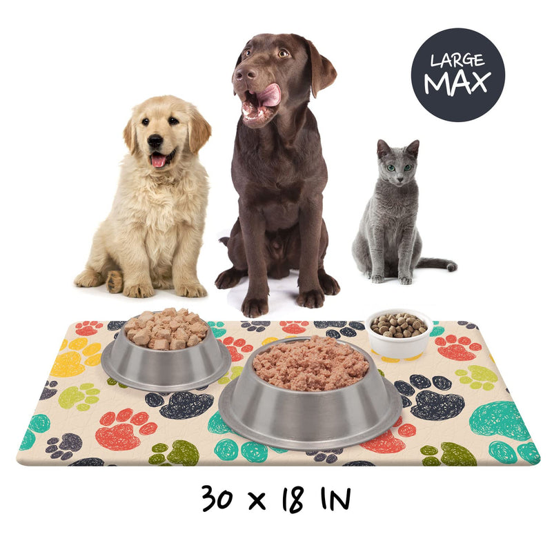 Rest-Eazzzy 30" x 18" Dog Food Mats for Floors Waterproof, Anti-Slip Dog Mat for Food and Water, Large Pet Feeding Mats for Dogs & Cats, Dog Bowl Mat Prevents Spills, Easy Clean, Multipattern 30*18 in Rainbow Paw Prints