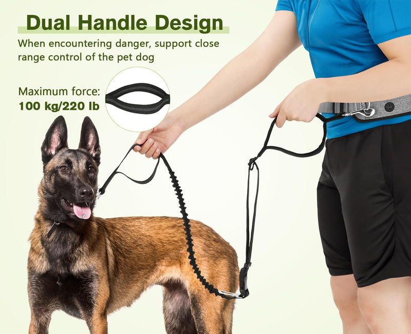 Pecute Hands Free Dog Leash with Pouch, Waist Belt Fanny Pack with Soft Padds, Dual Padded Handles and Durable Bungee for Walking, Hiking, Jogging Biking, and Running (Up to 220lbs) Grey 2.0 - PawsPlanet Australia