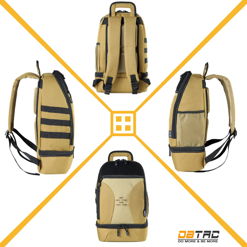 DBTAC DO MORE & BE MORE Tactical Pet Backpack for Small Dogs & Cats - Compact Travel Bag with Insulated Pocket, Detachable Food Container | Outdoor Hiking, Road Trip, Airplane Approved, Tan 10.5"L x 5.5"W x 15.5"H - PawsPlanet Australia