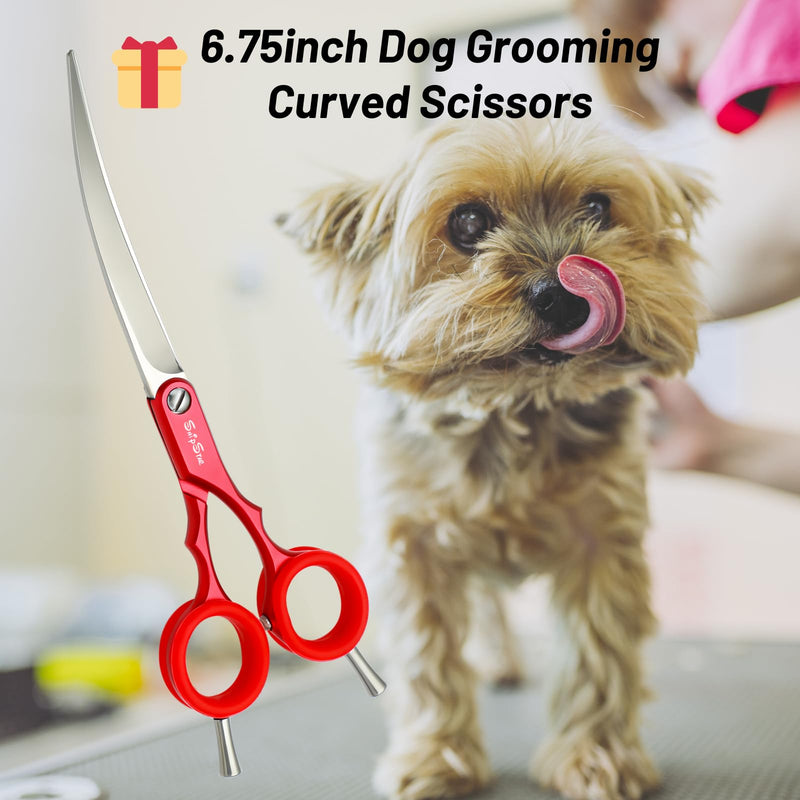 6.75in 30° Curved Dog Grooming Scissors Professional, Japanese VG10 Stainless Steel Sharp Scissors for Dog Grooming, Lightweight Ergonomic Trimming Shears for Face and Paws Cut, Cat Pet Groomer, Red 6.75 inch - PawsPlanet Australia