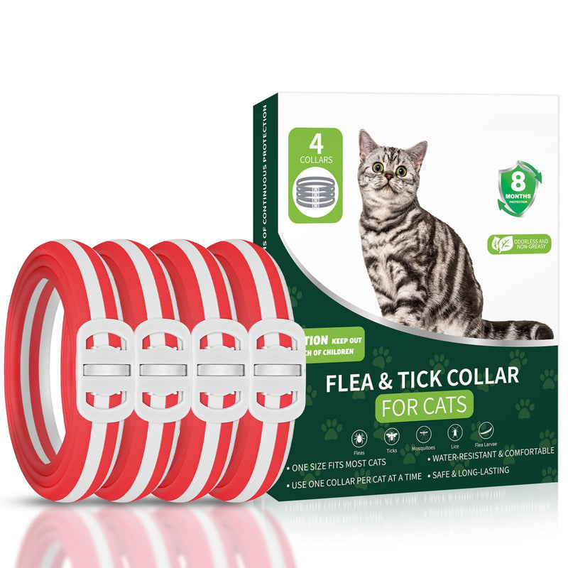 4 Pack Cat Flea Collars, Cat Flea and Tick Treatment, 32 Months Protection Flea and Tick Prevention for Cats, Waterproof Flea Collar for Cats, One Size Fits All, Red and White