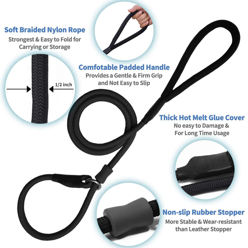 Strong Slip Rope Dog Training Leash (4ft) - Heavy Duty Durable Braided Nylon Lead with Rubber Stopper & Padded Handle - Large Medium Small Dogs No Pull Walking (Black, 1/2" x 4ft) Black - PawsPlanet Australia