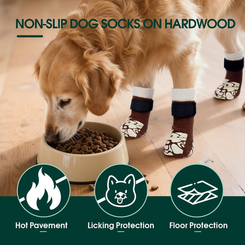 Kuoser Non-Slip Dog Socks, 4 Pcs Socks to Prevent Licking Paws, Paw Protectors for Hot Pavement, Hardwood Floors, Traction Control for Small, Medium, Large Dogs XS Brown