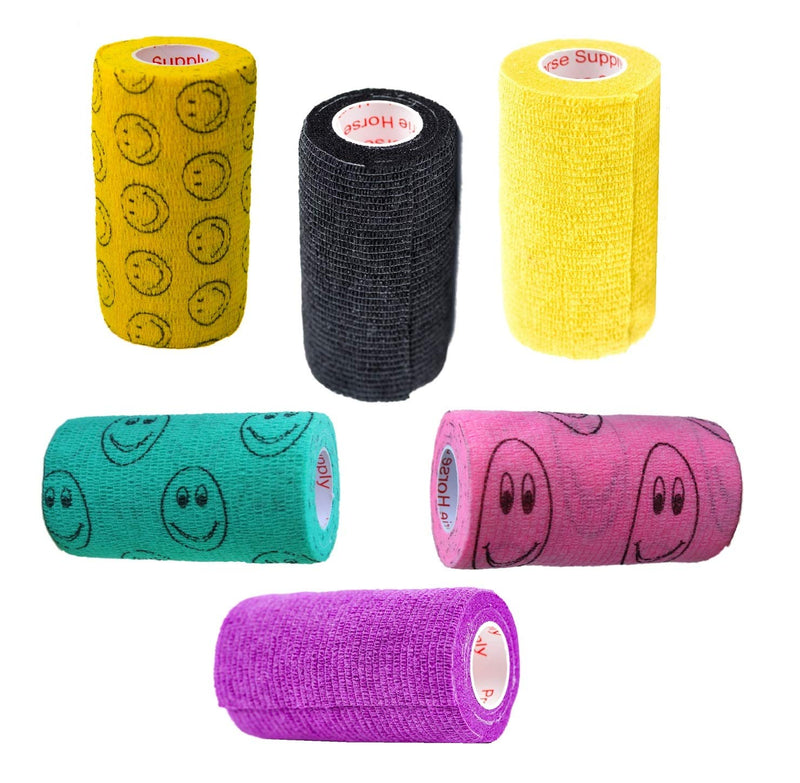 4 Inch Self Adhesive Medical Bandage Wrap Sport (Purple, Yellow, Black and Smiles on Yellow, Pink, Green) (6 Pack) Strong Elastic Self Adherent Flex Rolls for Wrist Ankle Knee Sprains and Swelling Assorted 1 4 Inch (Pack of 6) - PawsPlanet Australia