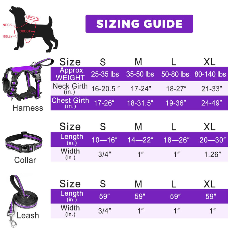WINSEE Pet Harness Collar and Leash Set, All-in-one Reflective Dog Harness No Pull with Adjustable Buckles for Puppies, Small, Medium, Large, and Extra-Large Dogs (Large, Purple) - PawsPlanet Australia