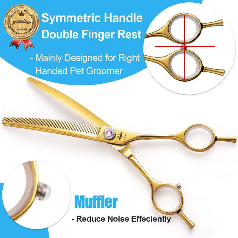 PURPLEBIRD 7 Inch Downward Curved Dog Grooming Scissors Thinning Texturizing Shears Professional Safety Blunt Tip Trimming Shearing for Dogs Cats Face Paws Limbs Japanese Stainless Steel Yellow Yellow Thinning - PawsPlanet Australia