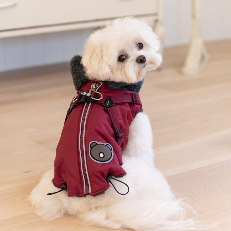 Puppia Isolde Mock Neck Full Zip up Warm Winter Jumper Vest with Integrated Harness for Small and Medium Dogs, Wine, X-Large - PawsPlanet Australia