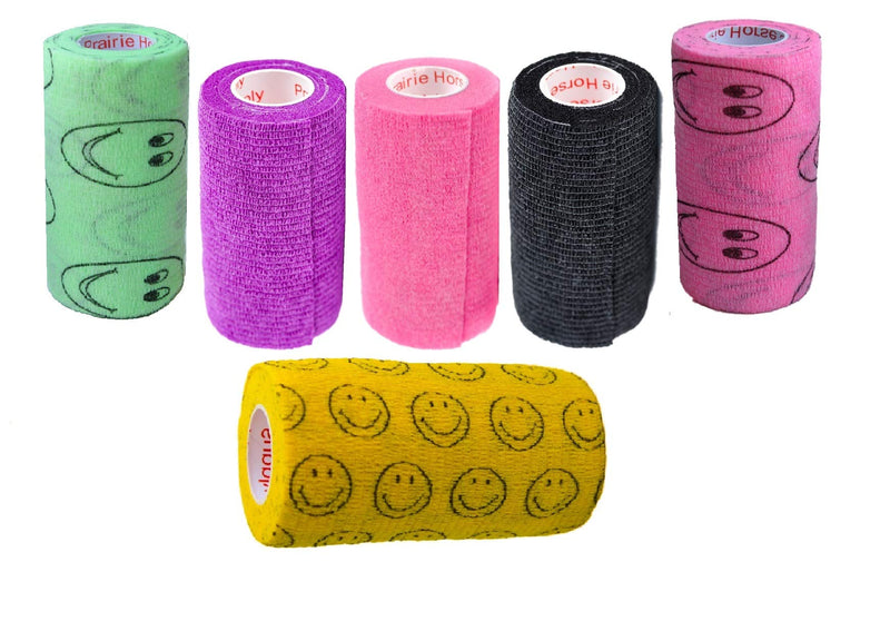 3 Inch Self Adhesive Medical Bandage Wrap Sport Tape (Purple, Pink, Black and Smiles on Yellow, Pink, Green) (6 Pack) Strong Elastic Self Adherent Flex Rolls Wrist Ankle Knee Sprains and Swelling Assorted 4 6 Count (Pack of 1)
