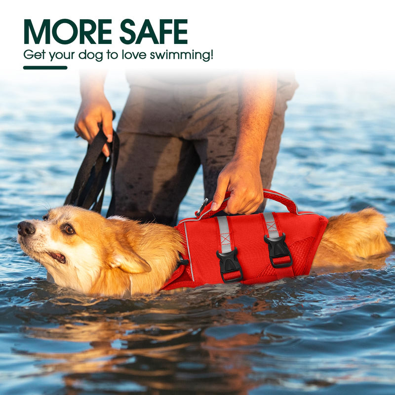 Kuoser Dog Life Jacket, High Flotation Dog Life Vest for Swimming Boating, Adjustable Ripstop Dog Lifesaver for Small Medium and Large Dogs, Reflective Safety Pet Life Preserver with Rescue Handle Small (Chest Girth:16.93-21.26'') A-Red - PawsPlanet Australia