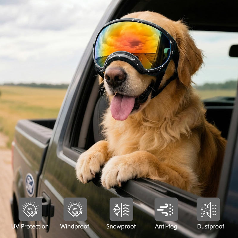 Dog Goggles for Medium Breed, Windproof Dustproof Anti-UV Sunglasses with Adjustable Strap & Soft Frame, Lightweight Breathable Design for Running Hiking Beach Outdoor Activities (Black) Black - PawsPlanet Australia