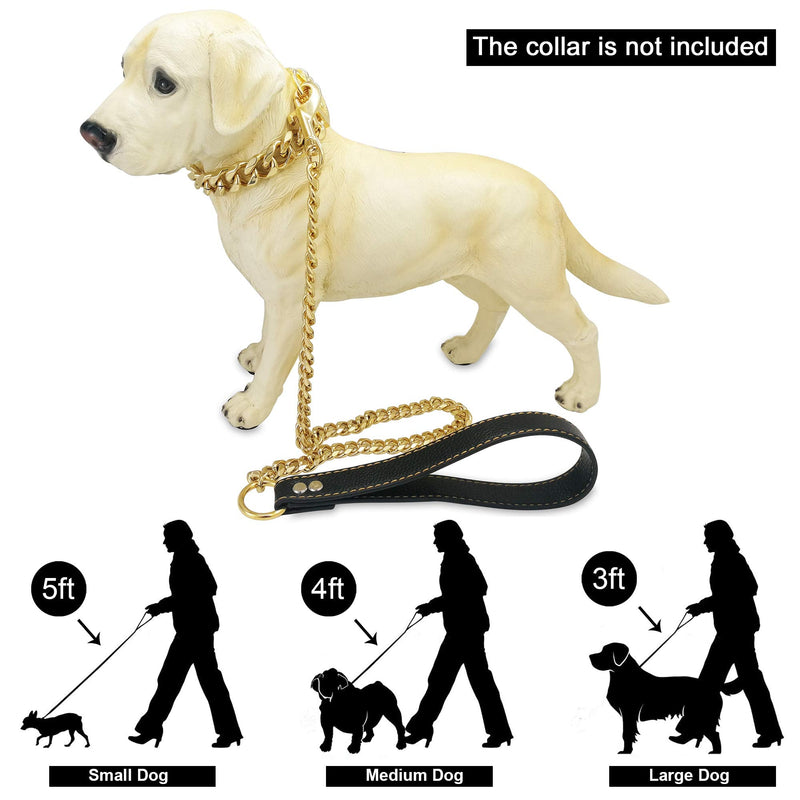 PRADOG Chain Dog Leash Metal Chew Proof 15MM Heavy Duty Pet Leash Chain with Leather Padded Handle for Large Medium Small Dogs(Totally Length of 3ft) Gold 3.0 FT ( For Larger Dog) - PawsPlanet Australia