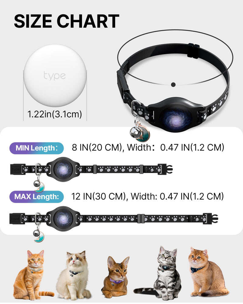 Cat Tracker Collar Waterproof Airtag Cat Collar with Finder Tag (iOS ONLY Not for Android Devices), Compatible with Apple Find My, Breakaway Tractive with Reflective Pattern & Bell, Black, 8-12" - PawsPlanet Australia