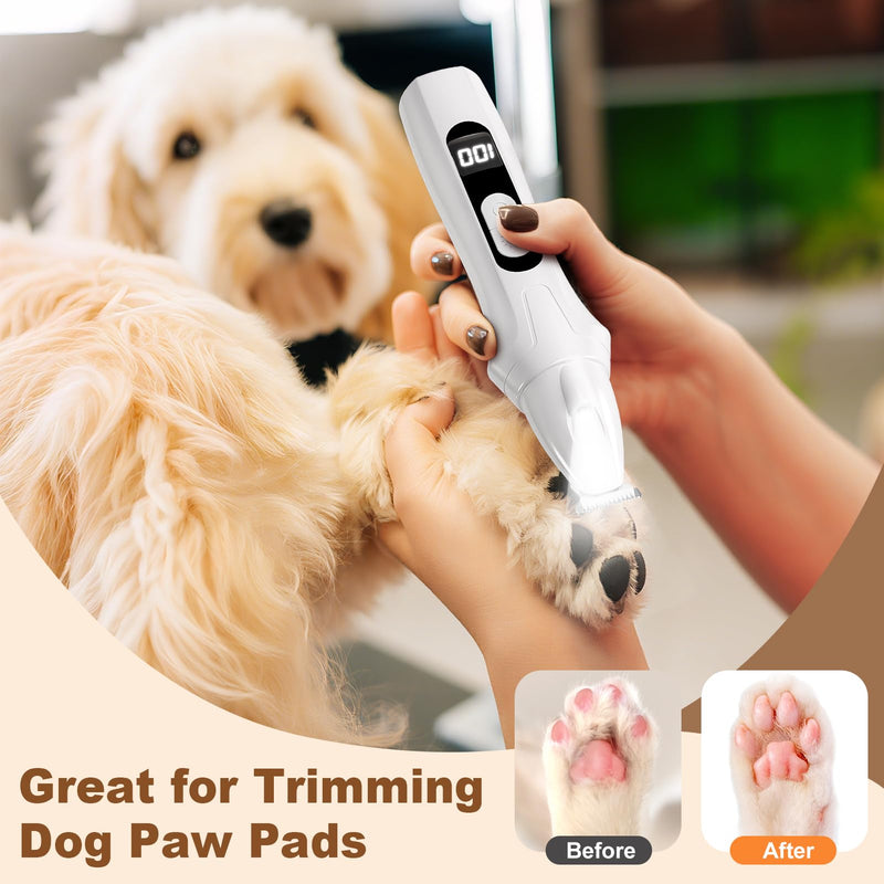 Dog Paw Trimmer with LED Display, 35dB Low Noise Electric Dog Clippers for Grooming, Cordless Paw Trimmers for Dog's Feet, Eyes, Ears, Face, Rump with LED Light (White) - PawsPlanet Australia