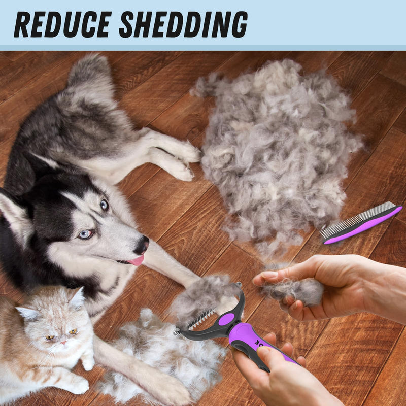 Pet Grooming Brush and Metal Comb Combo - Undercoat Rake for Dematting and Deshedding Long Matted Haired Dogs and Cats, Purple - PawsPlanet Australia